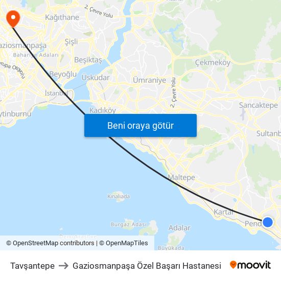 Tavşantepe to Gaziosmanpaşa Özel Başarı Hastanesi map