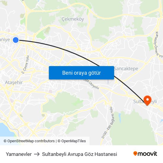 Yamanevler to Sultanbeyli Avrupa Göz Hastanesi map