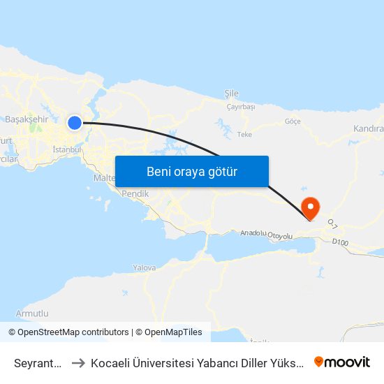 Seyrantepe to Kocaeli Üniversitesi Yabancı Diller Yüksekokulu map