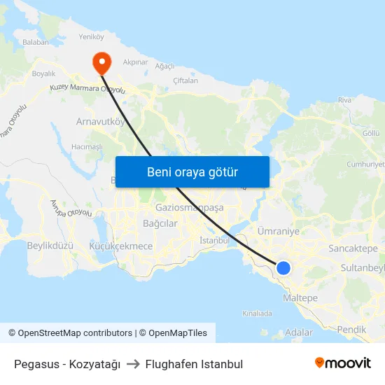 Pegasus - Kozyatağı to Flughafen Istanbul map