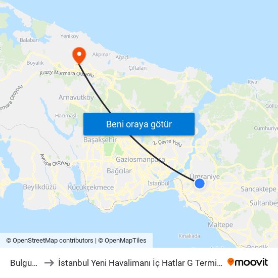 Bulgurlu to İstanbul Yeni Havalimanı İç Hatlar G Terminali map