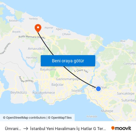 Ümraniye to İstanbul Yeni Havalimanı İç Hatlar G Terminali map