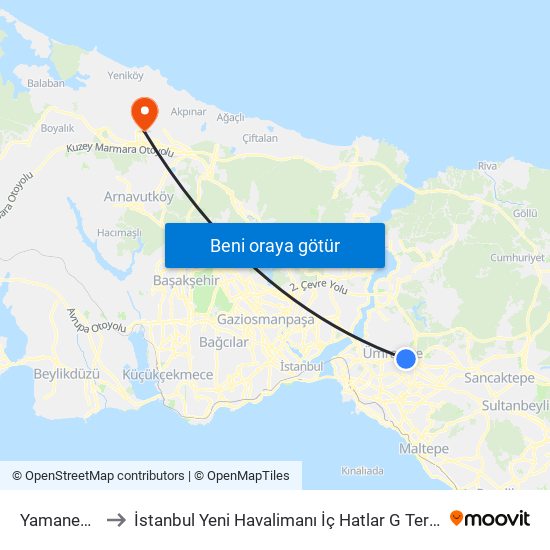 Yamanevler to İstanbul Yeni Havalimanı İç Hatlar G Terminali map