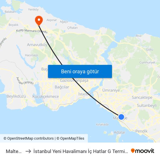 Maltepe to İstanbul Yeni Havalimanı İç Hatlar G Terminali map