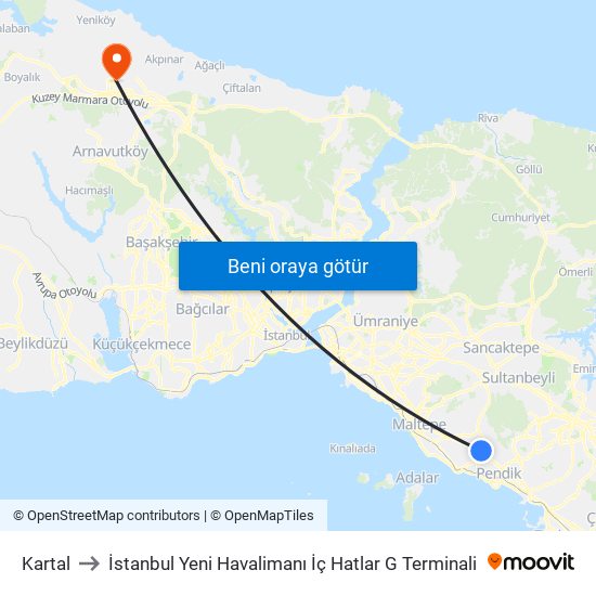 Kartal to İstanbul Yeni Havalimanı İç Hatlar G Terminali map