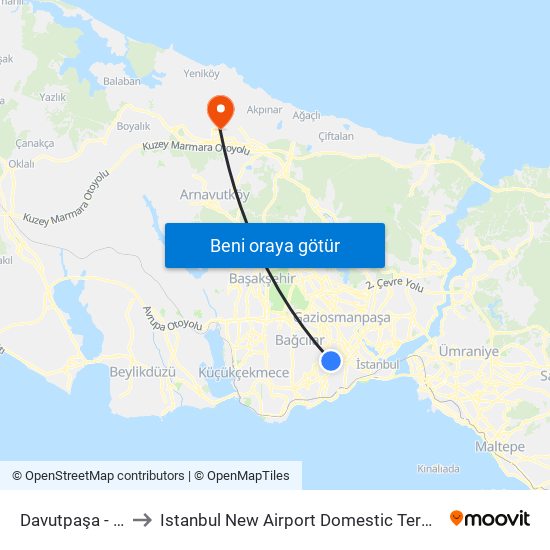 Davutpaşa - Ytü to Istanbul New Airport Domestic Terminal G map