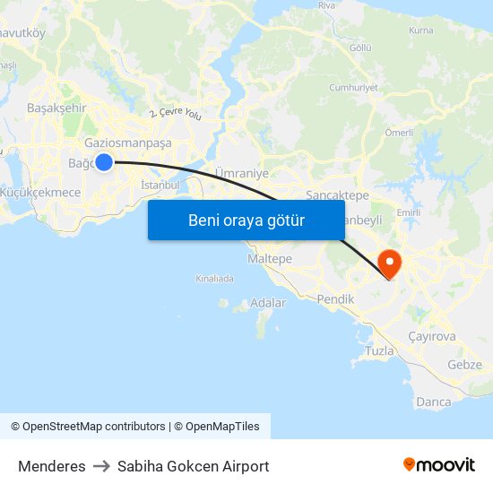 Menderes to Sabiha Gokcen Airport map