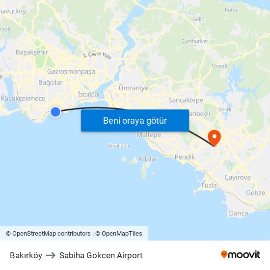 Bakırköy to Sabiha Gokcen Airport map