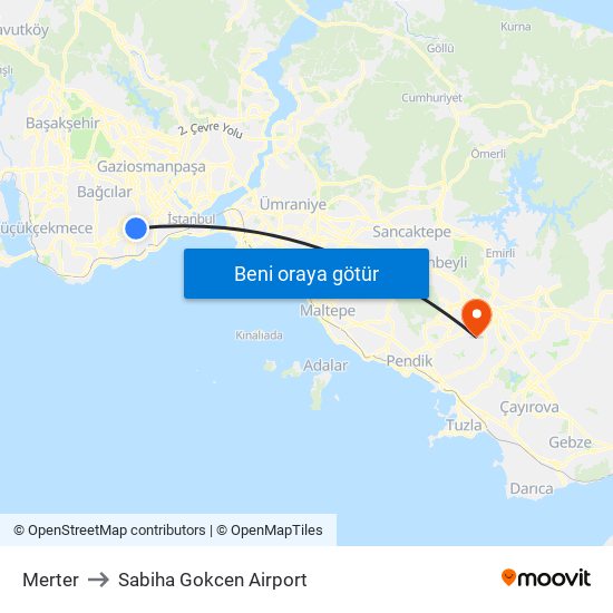 Merter to Sabiha Gokcen Airport map