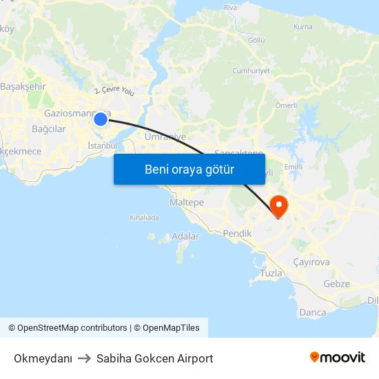 Okmeydanı to Sabiha Gokcen Airport map