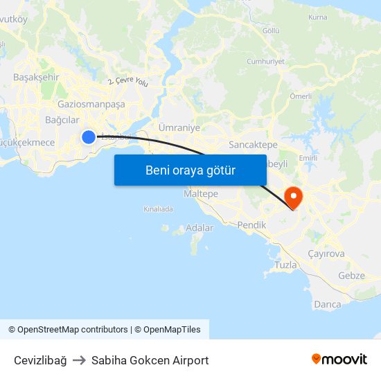 Cevizlibağ to Sabiha Gokcen Airport map