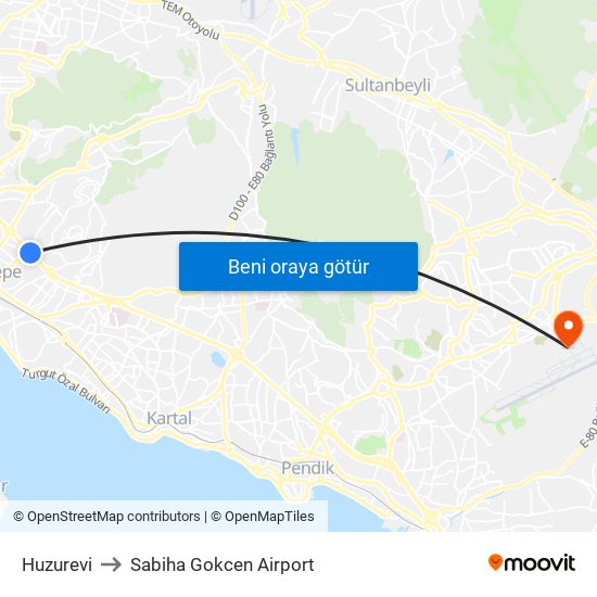 Huzurevi to Sabiha Gokcen Airport map
