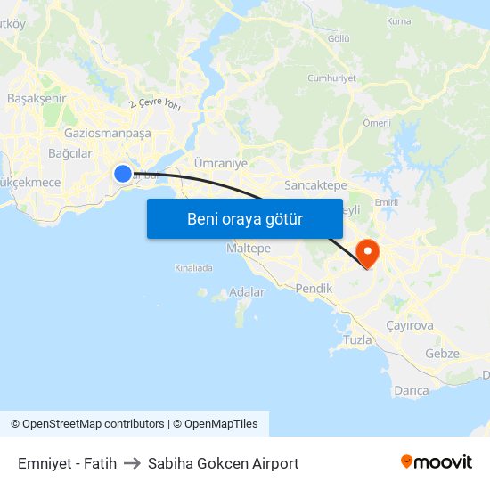 Emniyet - Fatih to Sabiha Gokcen Airport map