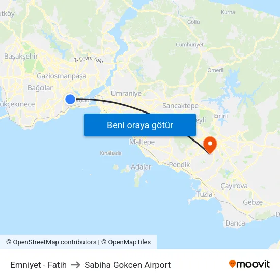 Emniyet - Fatih to Sabiha Gokcen Airport map