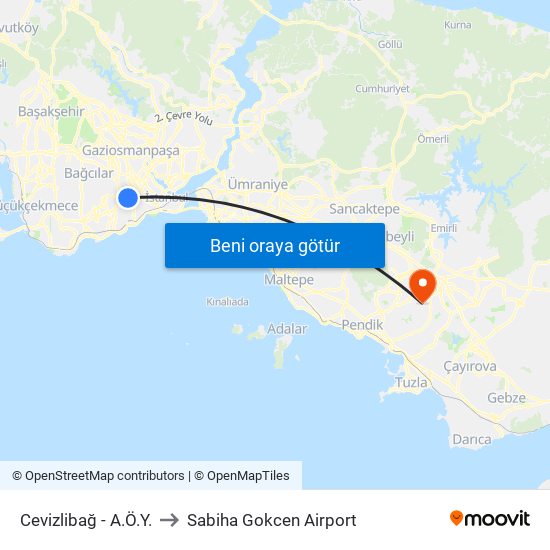 Cevizlibağ - A.Ö.Y. to Sabiha Gokcen Airport map