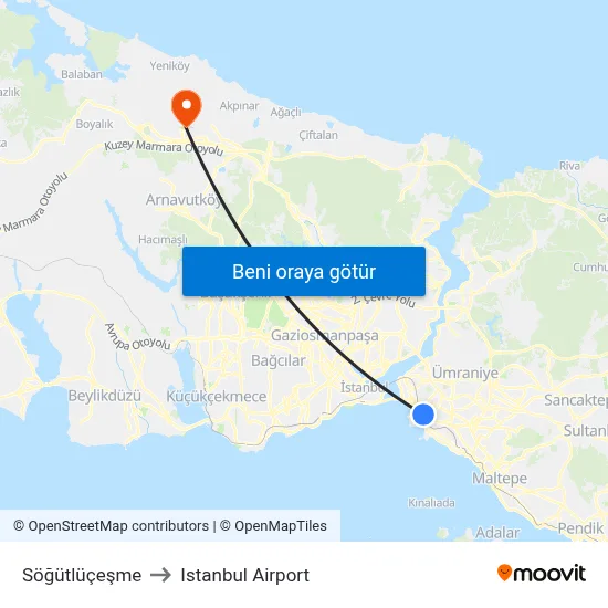 Söğütlüçeşme to Istanbul Airport map