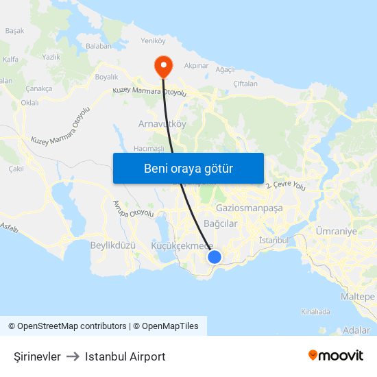 Şirinevler to Istanbul Airport map
