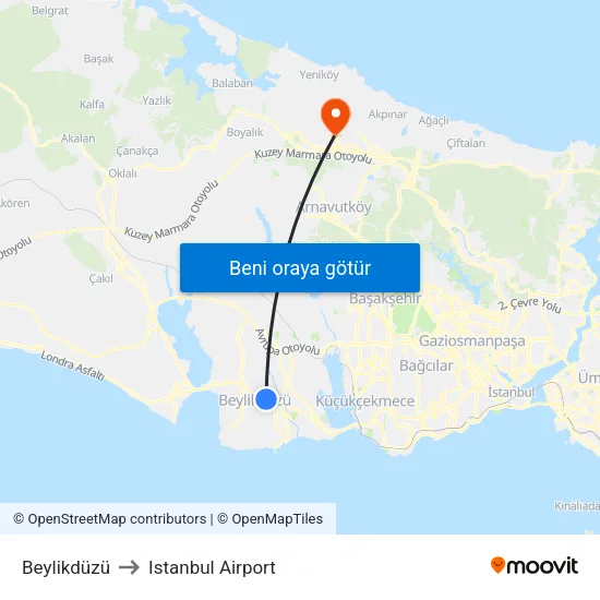 Beylikdüzü to Istanbul Airport map