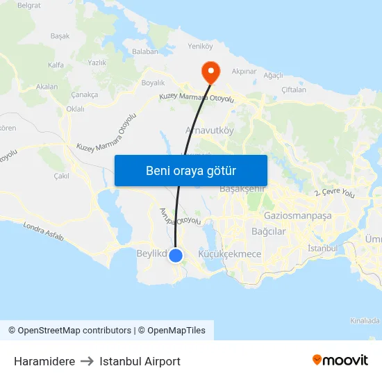 Haramidere to Istanbul Airport map