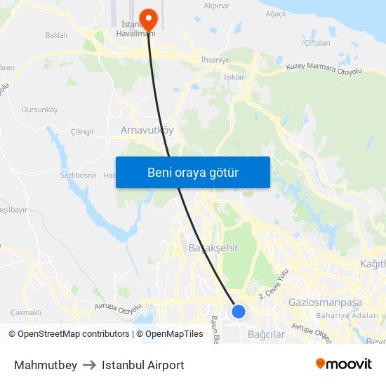 Mahmutbey to Istanbul Airport map