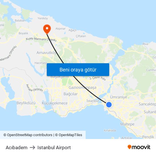Acıbadem to Istanbul Airport map
