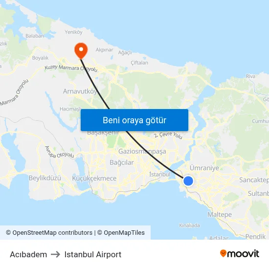 Acıbadem to Istanbul Airport map