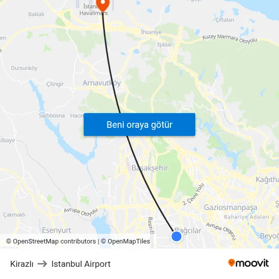 Kirazlı to Istanbul Airport map
