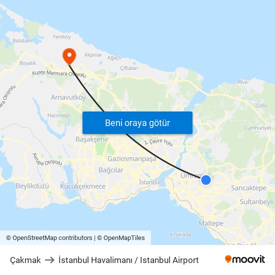 Çakmak to İstanbul Havalimanı / Istanbul Airport map