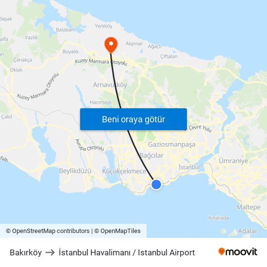 Bakırköy to İstanbul Havalimanı / Istanbul Airport map