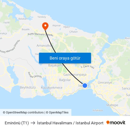 Eminönü (T1) to İstanbul Havalimanı / Istanbul Airport map