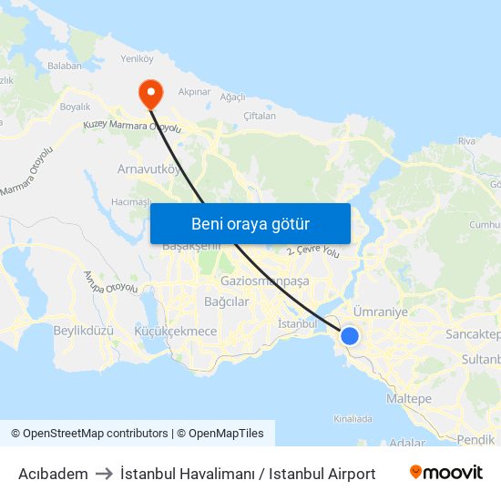 Acıbadem to İstanbul Havalimanı / Istanbul Airport map