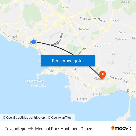 Tavşantepe to Medical Park Hastanesi Gebze map