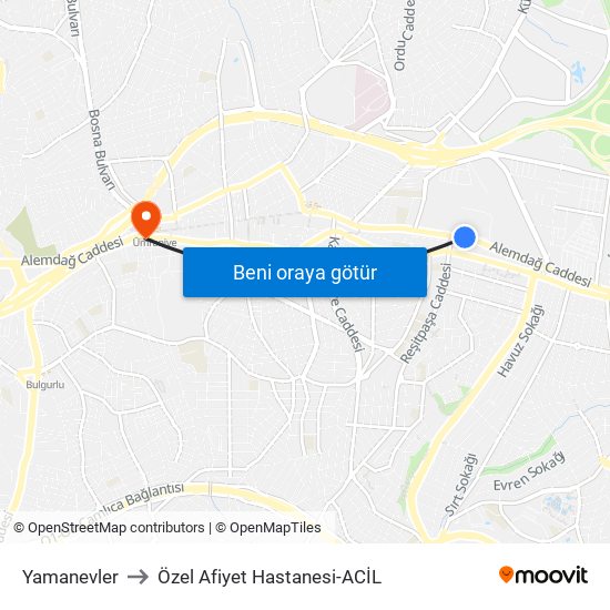 Yamanevler to Özel Afiyet Hastanesi-ACİL map