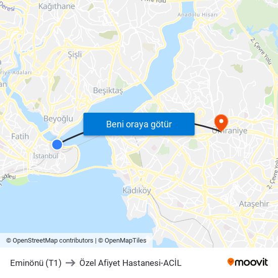 Eminönü (T1) to Özel Afiyet Hastanesi-ACİL map