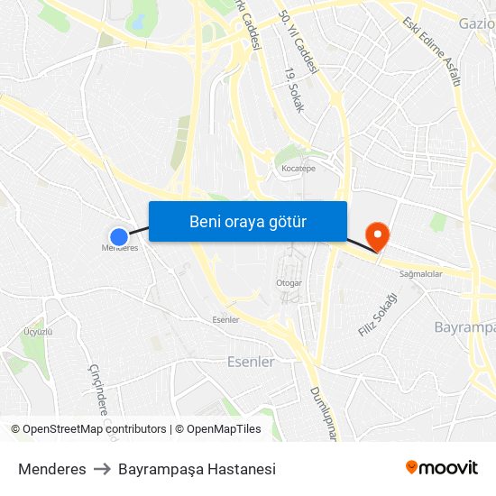Menderes to Bayrampaşa Hastanesi map