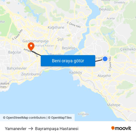 Yamanevler to Bayrampaşa Hastanesi map
