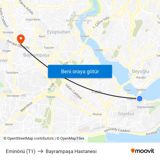 Eminönü (T1) to Bayrampaşa Hastanesi map