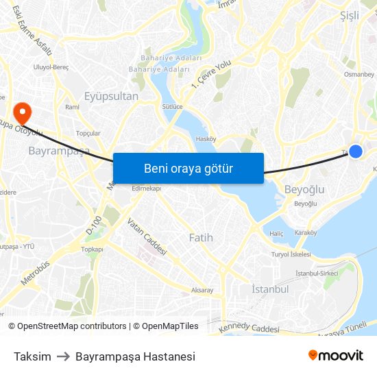 Taksim to Bayrampaşa Hastanesi map