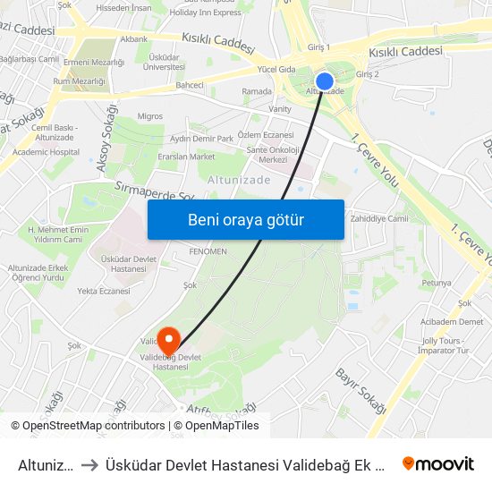 Altunizade to Üsküdar Devlet Hastanesi Validebağ Ek Hizmet Binası map