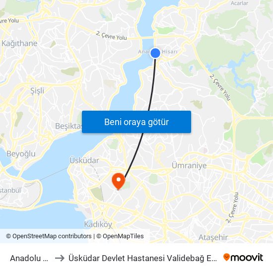Anadolu Hisarı to Üsküdar Devlet Hastanesi Validebağ Ek Hizmet Binası map