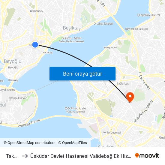 Taksim to Üsküdar Devlet Hastanesi Validebağ Ek Hizmet Binası map