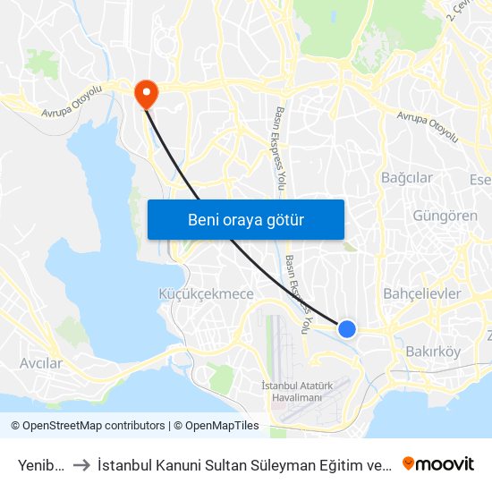 Yenibosna to İstanbul Kanuni Sultan Süleyman Eğitim ve Araştırma Hastanesi map