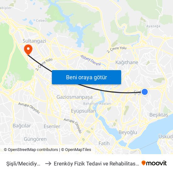 Şişli/Mecidiyeköy (M2) to Erenköy Fizik Tedavi ve Rehabilitasyon Hastanesi-ACİL map