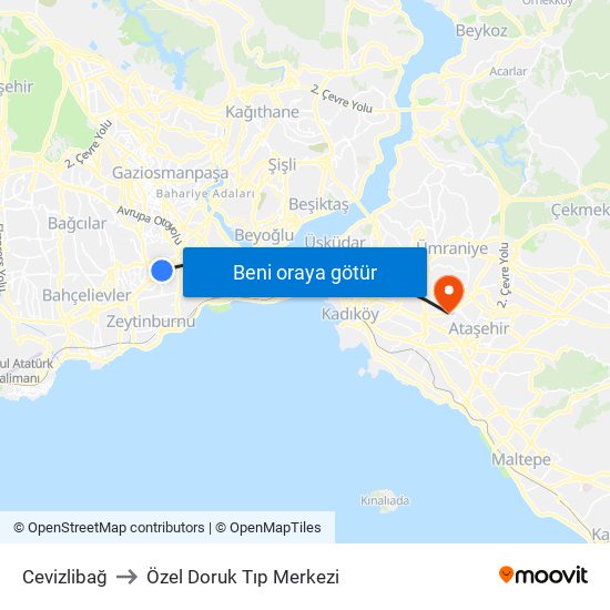 Cevizlibağ to Özel Doruk Tıp Merkezi map