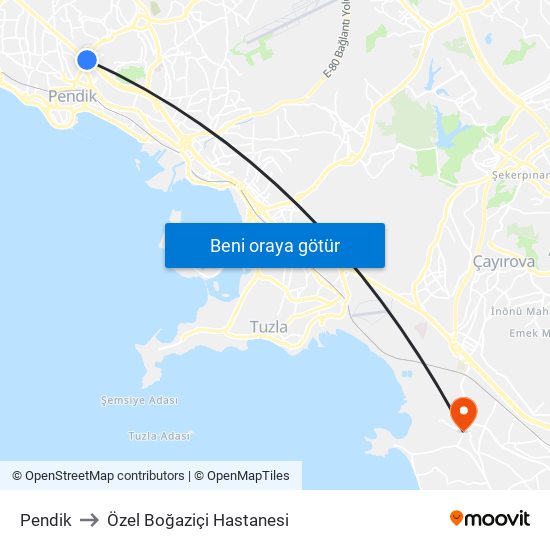 Pendik to Özel Boğaziçi Hastanesi map