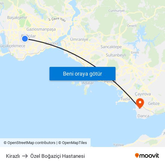 Kirazlı to Özel Boğaziçi Hastanesi map