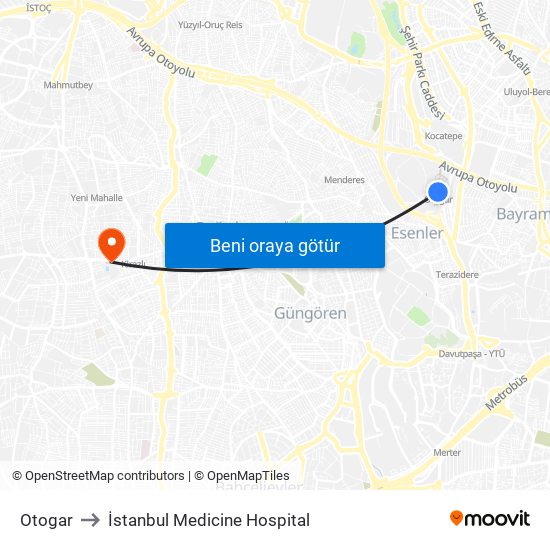 Otogar to İstanbul Medicine Hospital map