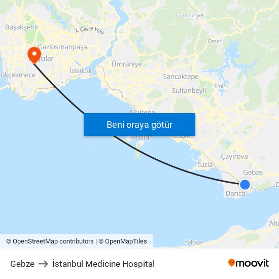Gebze to İstanbul Medicine Hospital map