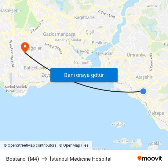 Bostancı (M4) to İstanbul Medicine Hospital map