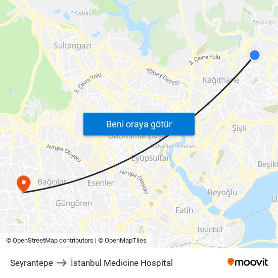 Seyrantepe to İstanbul Medicine Hospital map
